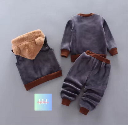 Kids Fleece Sweatshirt, Pants & Vest Set with hood & Cute Bear Logo. 4 Colours, 9M-3Y