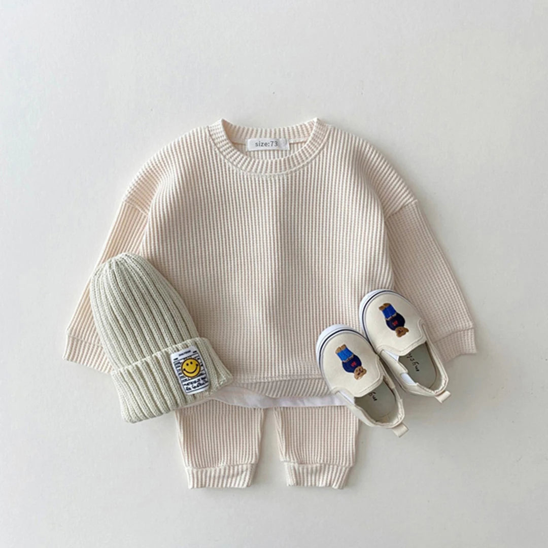 2023 Korea Toddler Baby Clothing Sets for Infant Baby Boys Clothes Set Mock Two-Piece Waffle Cotton Sweatshirt+Pants 2Pcs Outfit