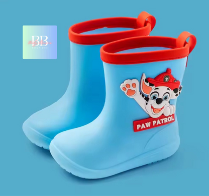 Blue rain boots with red trim featuring a Paw Patrol character on a blue background.