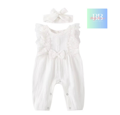 Baby/Toddler, Girls Sleeveless Romper with Lace, Cute Bow & Matching Headband. 6-24M, 5 colours.