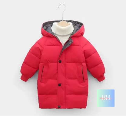 Red children's puffer jacket on a hanger against a white background