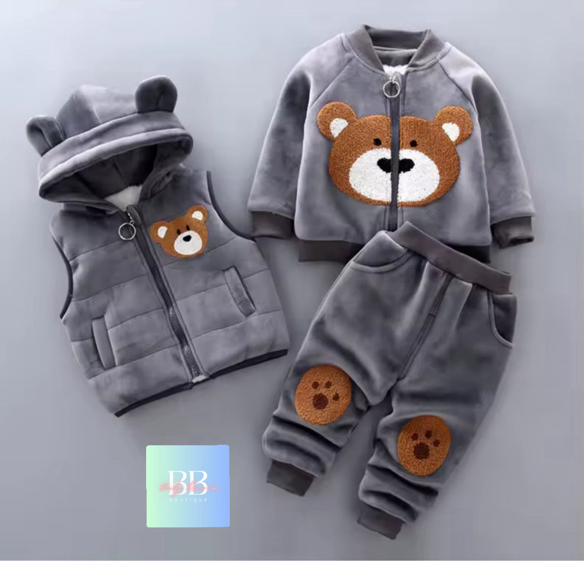 Kids Fleece Sweatshirt, Pants & Vest Set with hood & Cute Bear Logo. 4 Colours, 9M-3Y