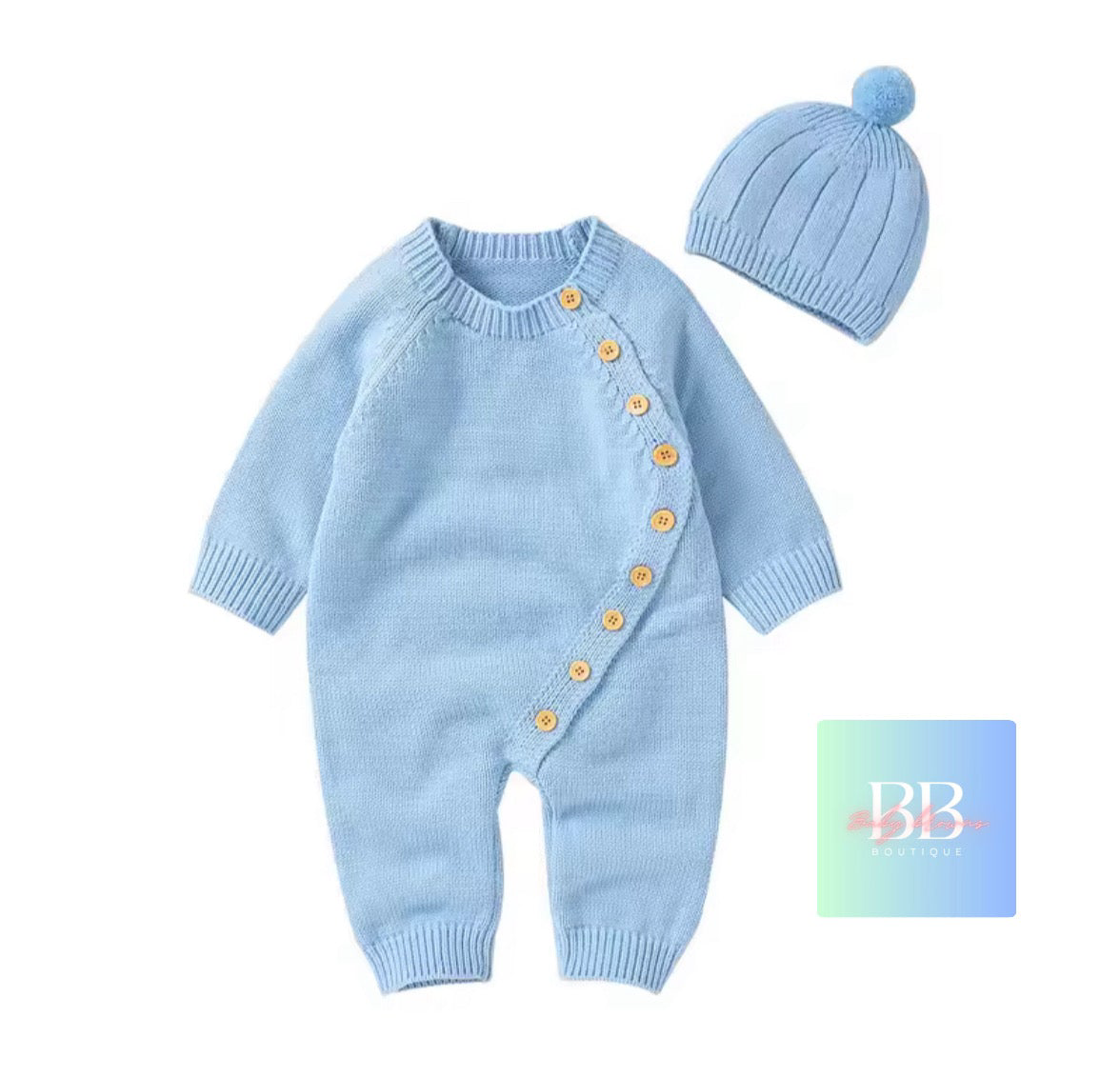 Light blue baby romper with buttons and matching hat on a white background
