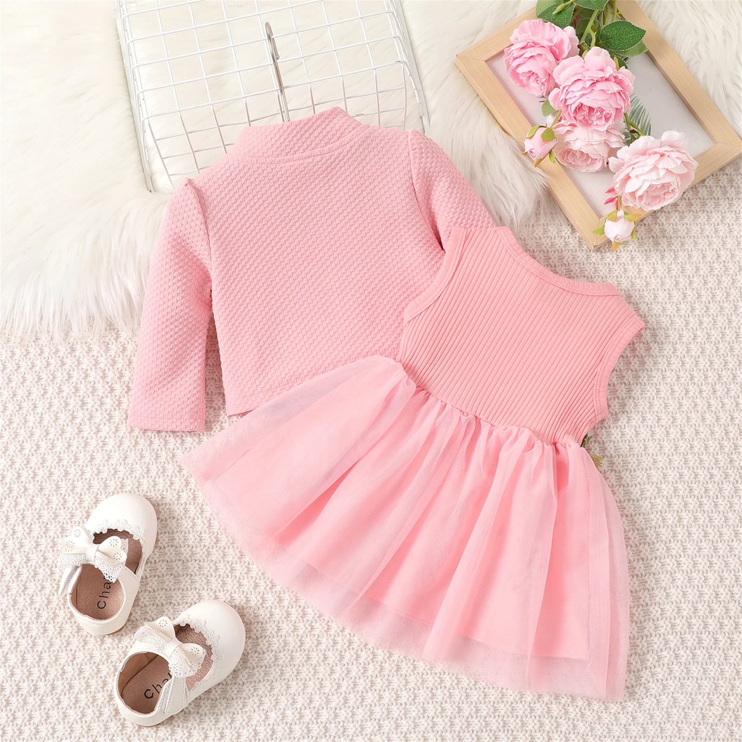 Baby Girl Dresses Long Sleeve Jacket and Floral Decor Mesh Panel Tank Dress Set, 6-9 Months