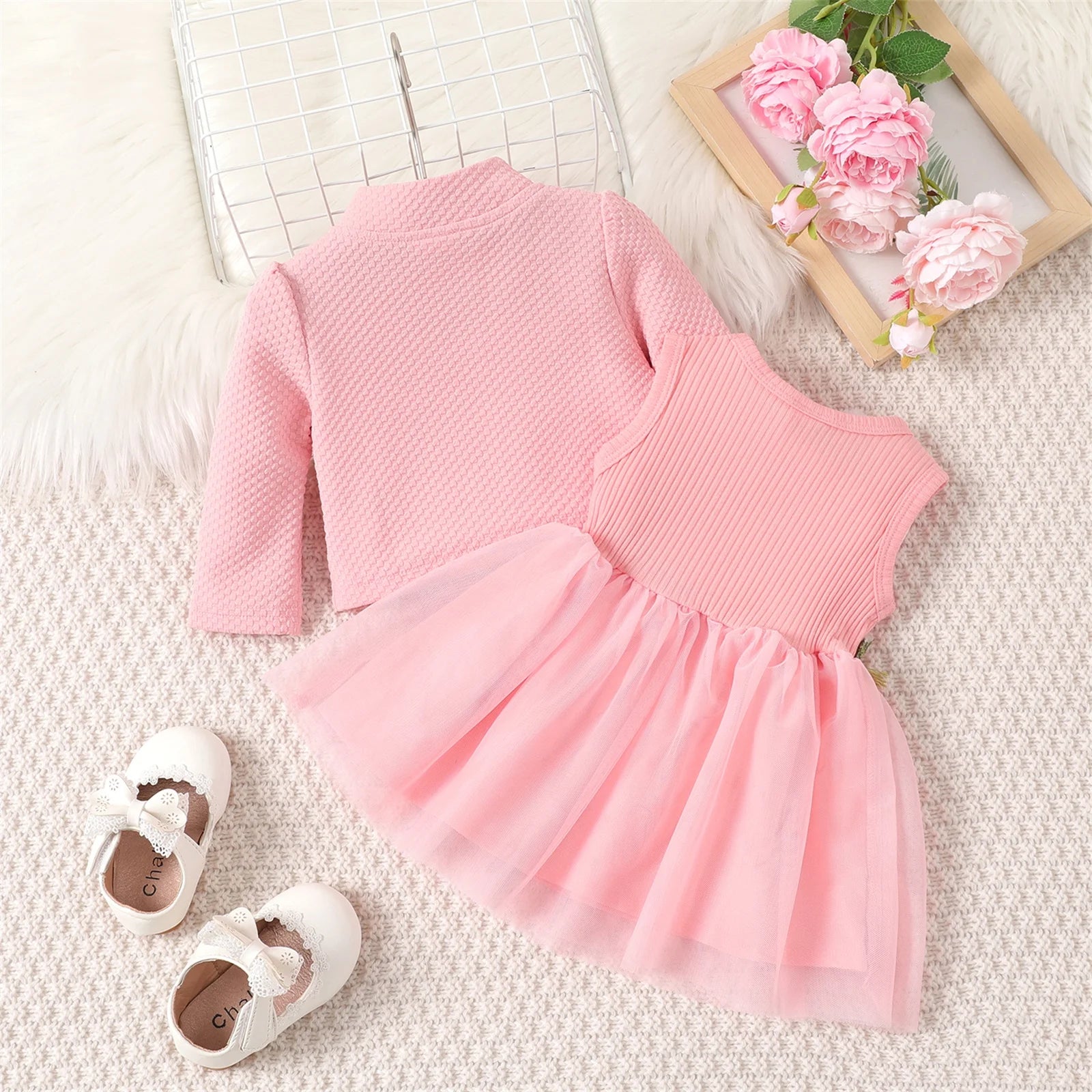 Baby Girl Dresses Long Sleeve Jacket and Floral Decor Mesh Panel Tank Dress Set, 6-9 Months
