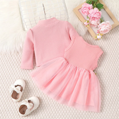 Baby Girl Dresses Long Sleeve Jacket and Floral Decor Mesh Panel Tank Dress Set, 6-9 Months