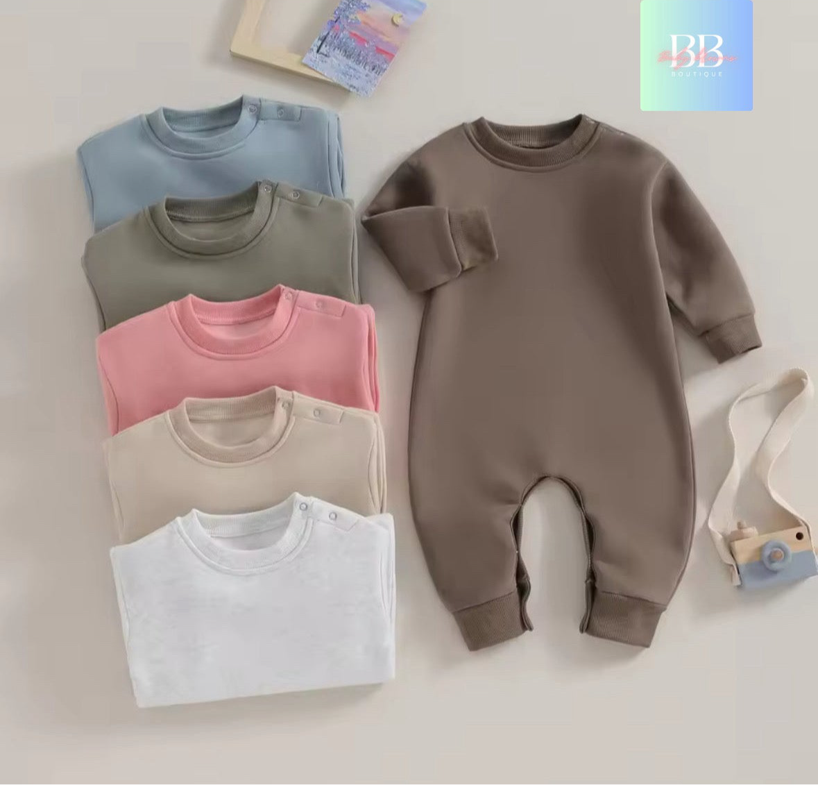 Baby/Toddler Boy/Girl Sweatshirt Romper Long Sleeve solid colour. 6 colours, 3-18M.