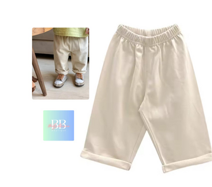 Beige pants displayed on a white background with a small inset showing a person wearing the pants.