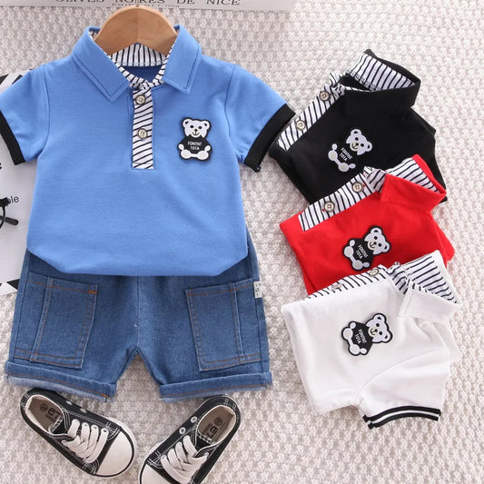 Summer Baby Boys Clothing Sets Korean Style Outfit for Kids Cartoon Short Sleeve Tops+ Denim Shorts Baby Boy Clothes Tracksuits