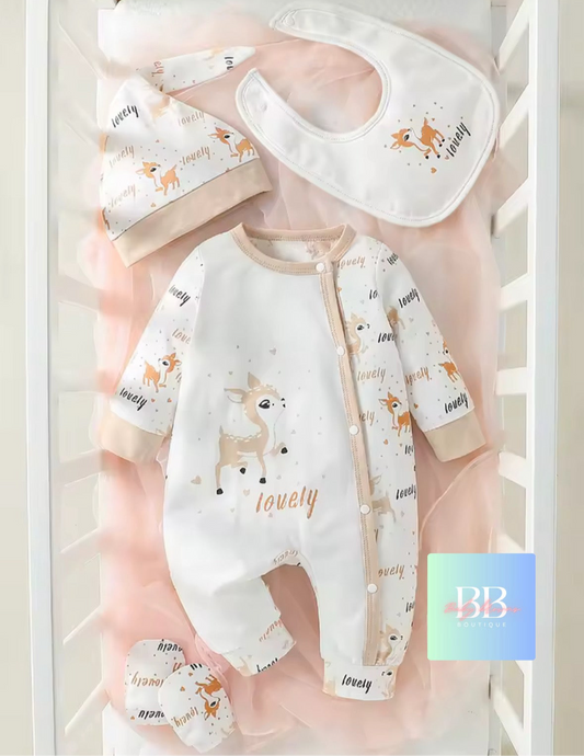Baby clothing set with onesie, bib, and hat on a white background