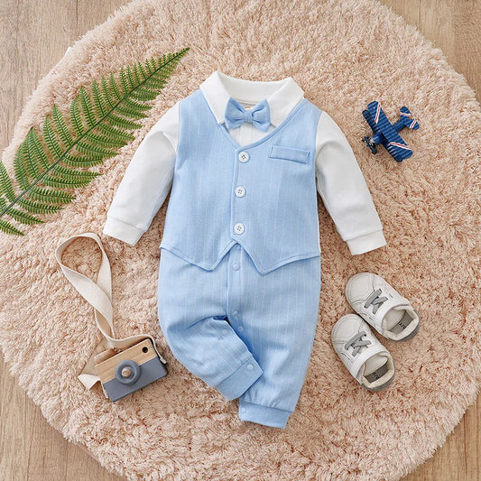 Gentleman Baby Boys Bow Tie Cotton Clothing Spring and Autumn Children One-Piece Long Sleeves Jacket 0-2 Years Old Rompers