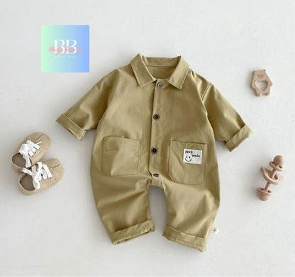 Baby/Toddler Romper with Bear Logo & Front Buttons. 2 colours, 0M-2Y.