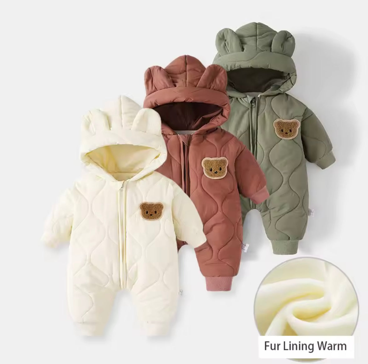 Baby/Toddler Outdoor Fur Lining Long Sleeved Romper Suit with Hood. 3 Colours,  0-12M