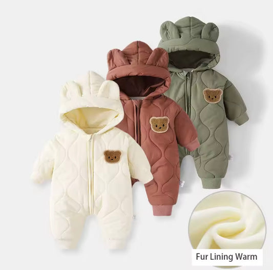 Baby/Toddler Outdoor Fur Lining Long Sleeved Romper Suit with Hood. 3 Colours,  0-12M