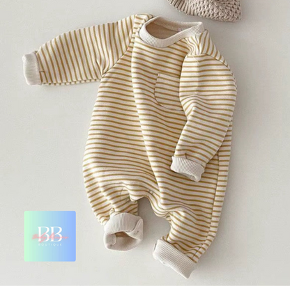 Baby/Toddler Long sleeved Fleece Lined Striped Romper. 4 colours, 6-24M.