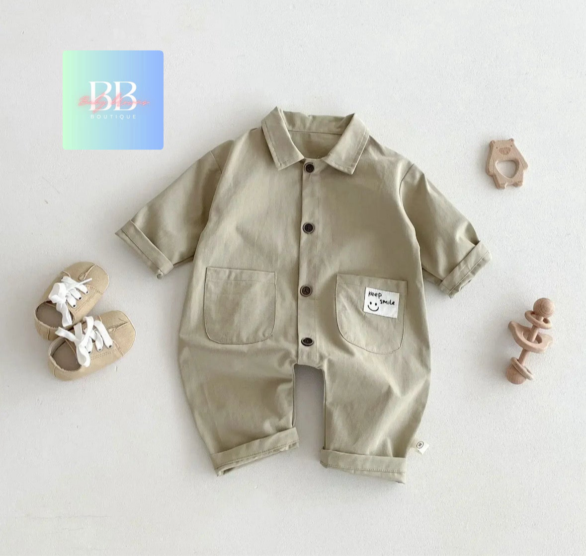 Baby/Toddler Romper with Bear Logo & Front Buttons. 2 colours, 0M-2Y.