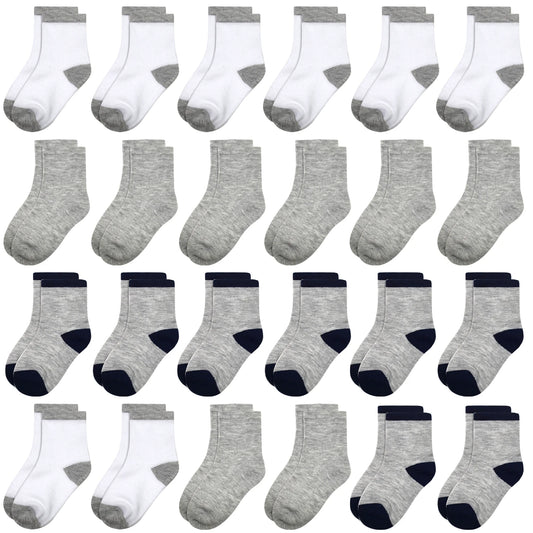 24 Pairs （Boy Toddler Baby Crew Socks （1-14Years Old） Soft Breathable Socks for Toddlers Kids Boys Girls