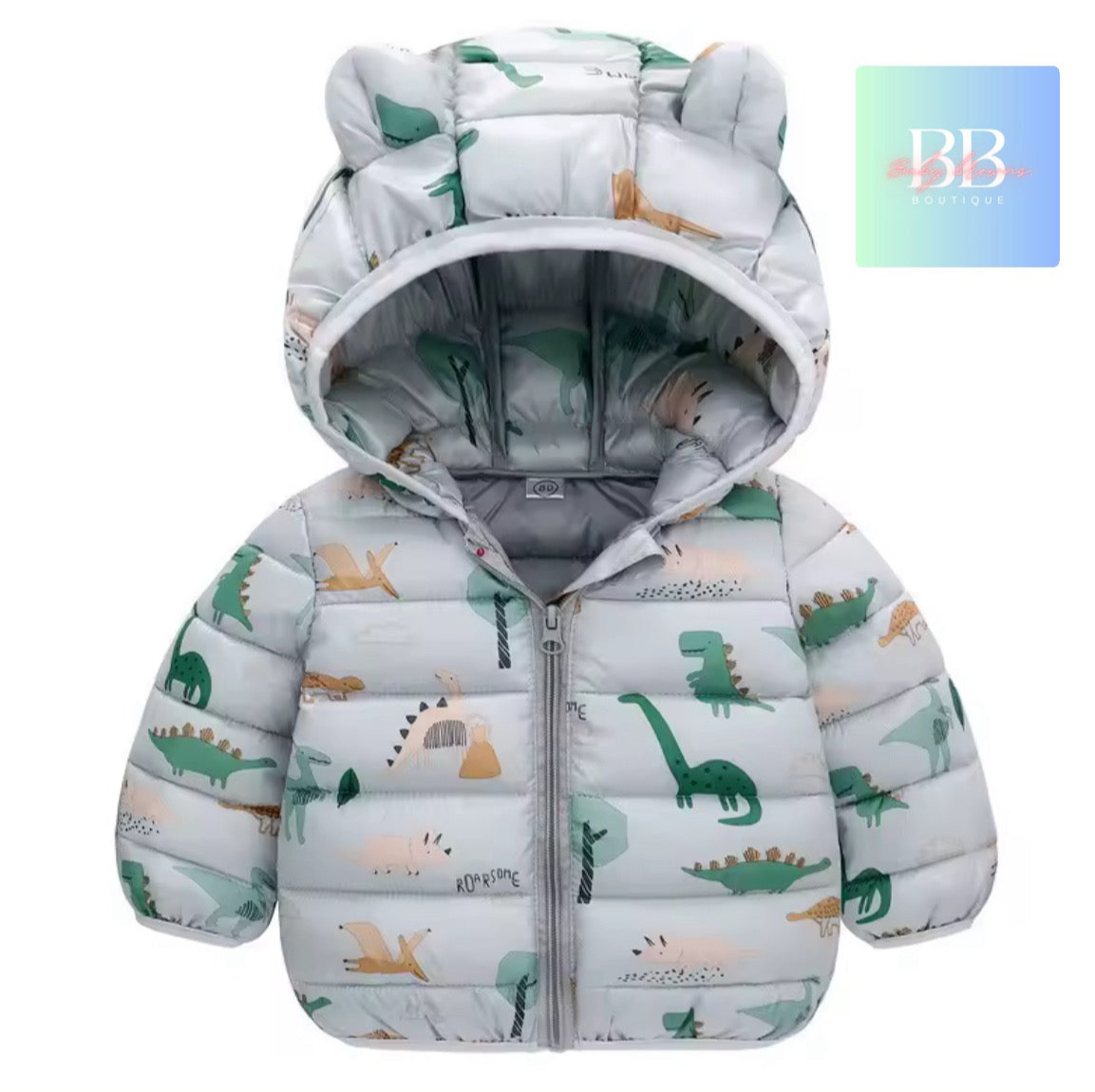 Children's puffer jacket with dinosaur pattern on a white background