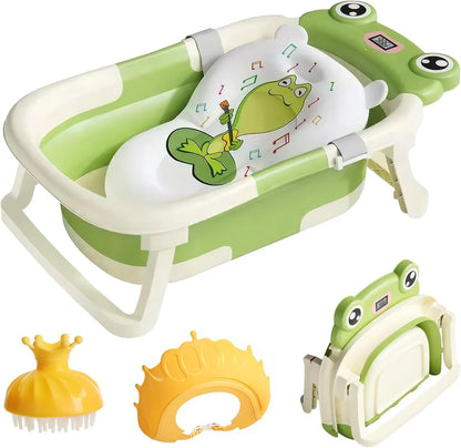 Eco-Friendly Baby Bathtub with Bath Cushion,Foldable Bathtub Portable with Temperature Indicator Infant Tub for 0-36 Months Baby