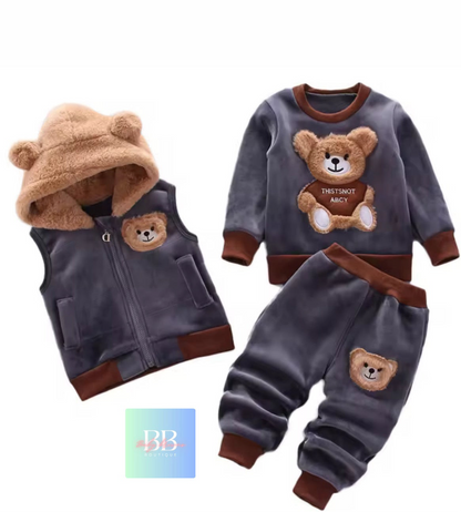 Kids Fleece Sweatshirt, Pants & Vest Set with hood & Cute Bear Logo. 4 Colours, 9M-3Y