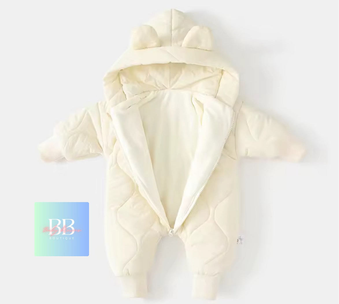Baby/Toddler Outdoor Fur Lining Long Sleeved Romper Suit with Hood. 3 Colours,  0-12M