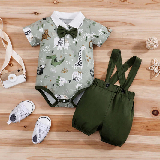 2PCS  Newborn Baby Boys Clothes Set Infant Short Sleeve Gentleman Overall Bodysuit Romper Suspenders Pants Outfits 0-18M