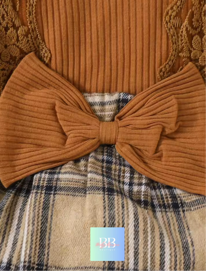 Baby/Toddler Long Sleeve Romper with Check Skirt, Cute Bow & Matching Headband. 2 Colours, 0-18M