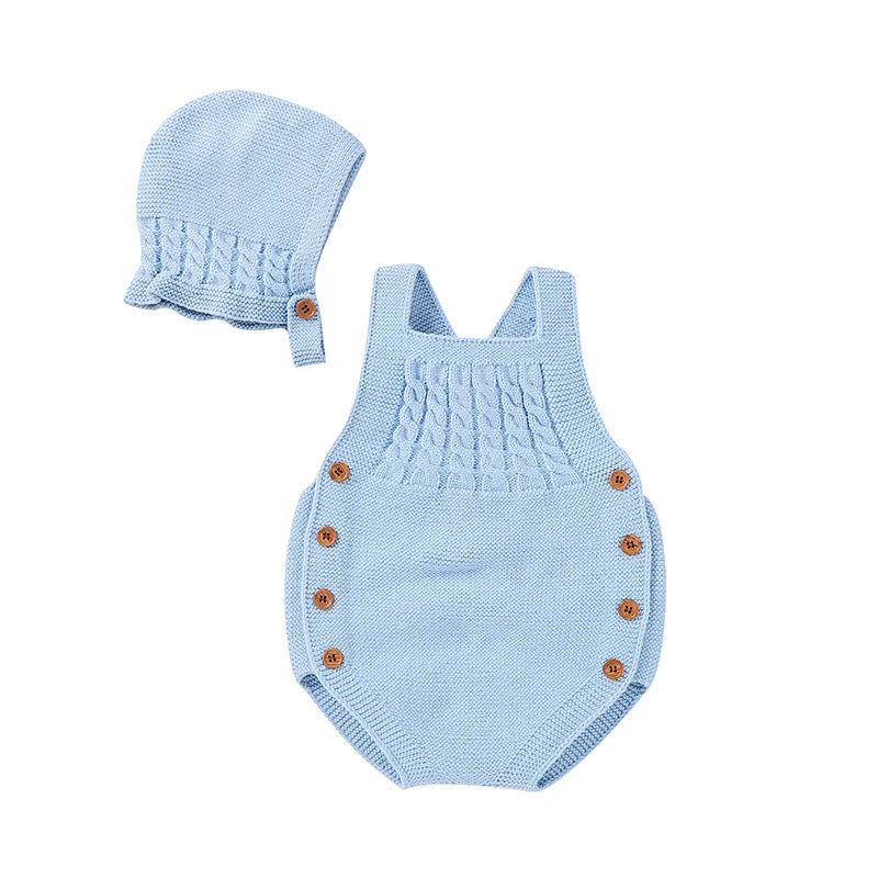 Baby Bodysuits Clothes Spring Autumn Sleeveless Knitting Newborn Boys Girls Solid Onesie Hats Sets 2Pcs Infant Coveralls Outfits