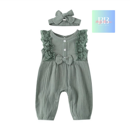 Baby/Toddler, Girls Sleeveless Romper with Lace, Cute Bow & Matching Headband. 6-24M, 5 colours.