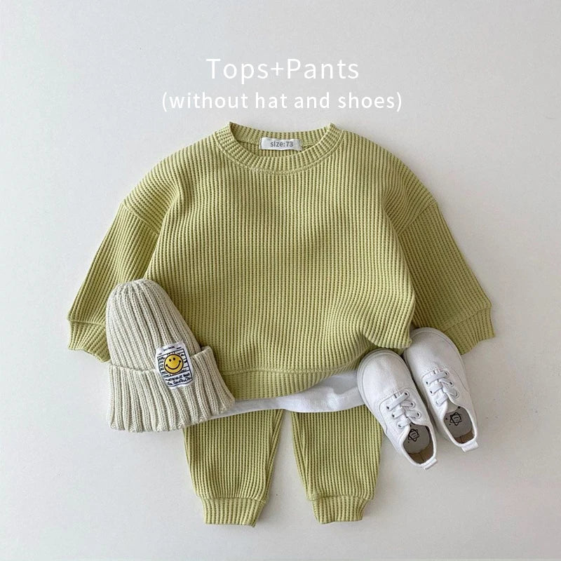 2023 Korea Toddler Baby Clothing Sets for Infant Baby Boys Clothes Set Mock Two-Piece Waffle Cotton Sweatshirt+Pants 2Pcs Outfit