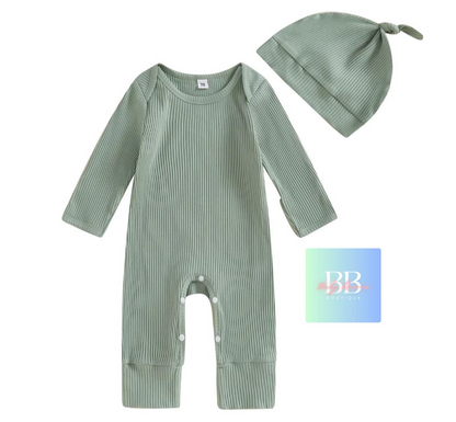 Baby/Toddler Ribbed Long Sleeve Romper with Hat. 0-12M, 4 colours available.