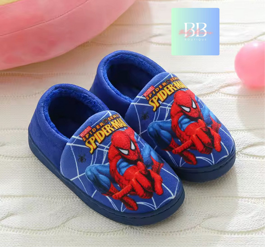 Blue children's slippers with Spider-Man design on a light background