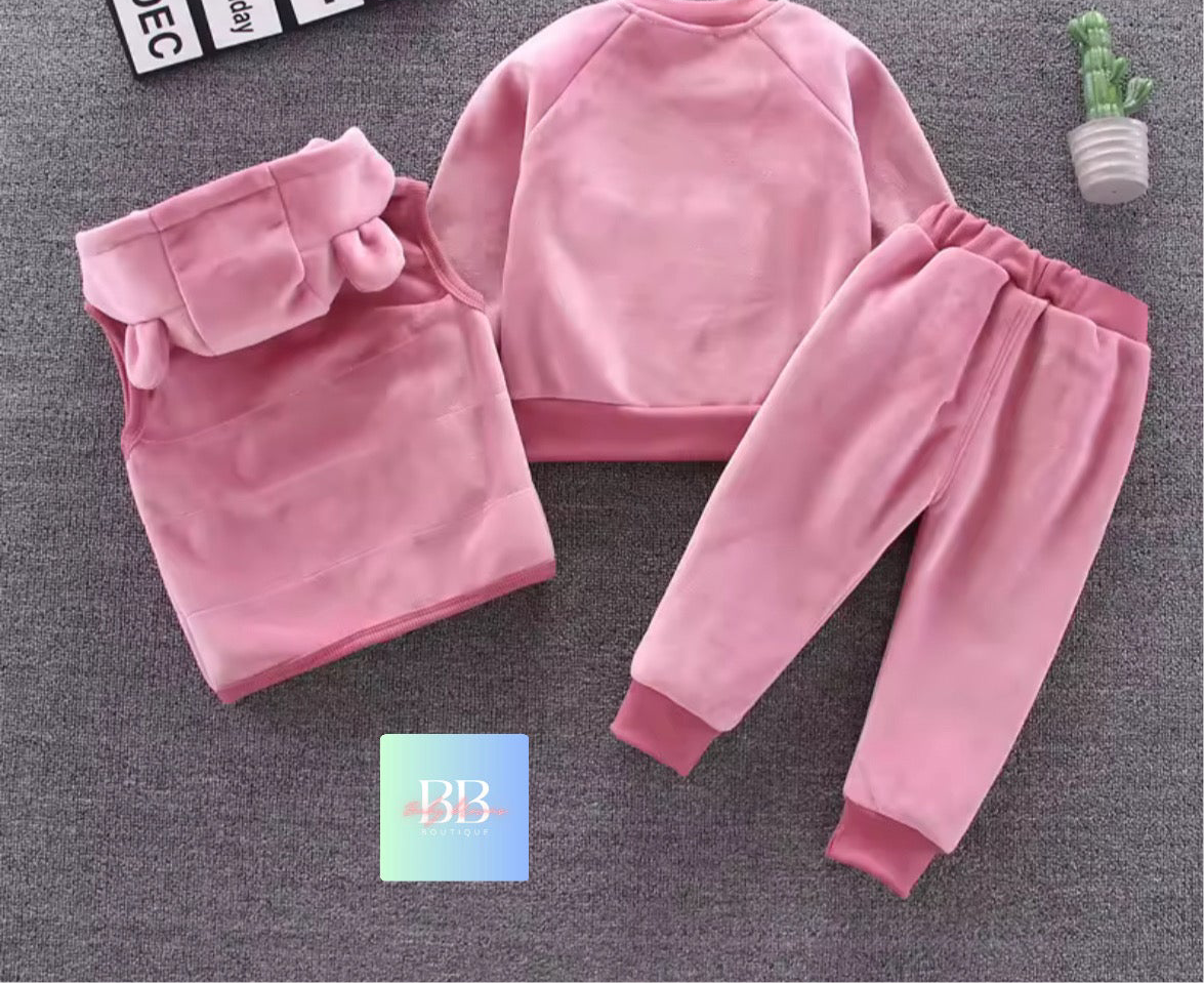 Kids Fleece Sweatshirt, Pants & Vest Set with hood & Cute Bear Logo. 4 Colours, 9M-3Y