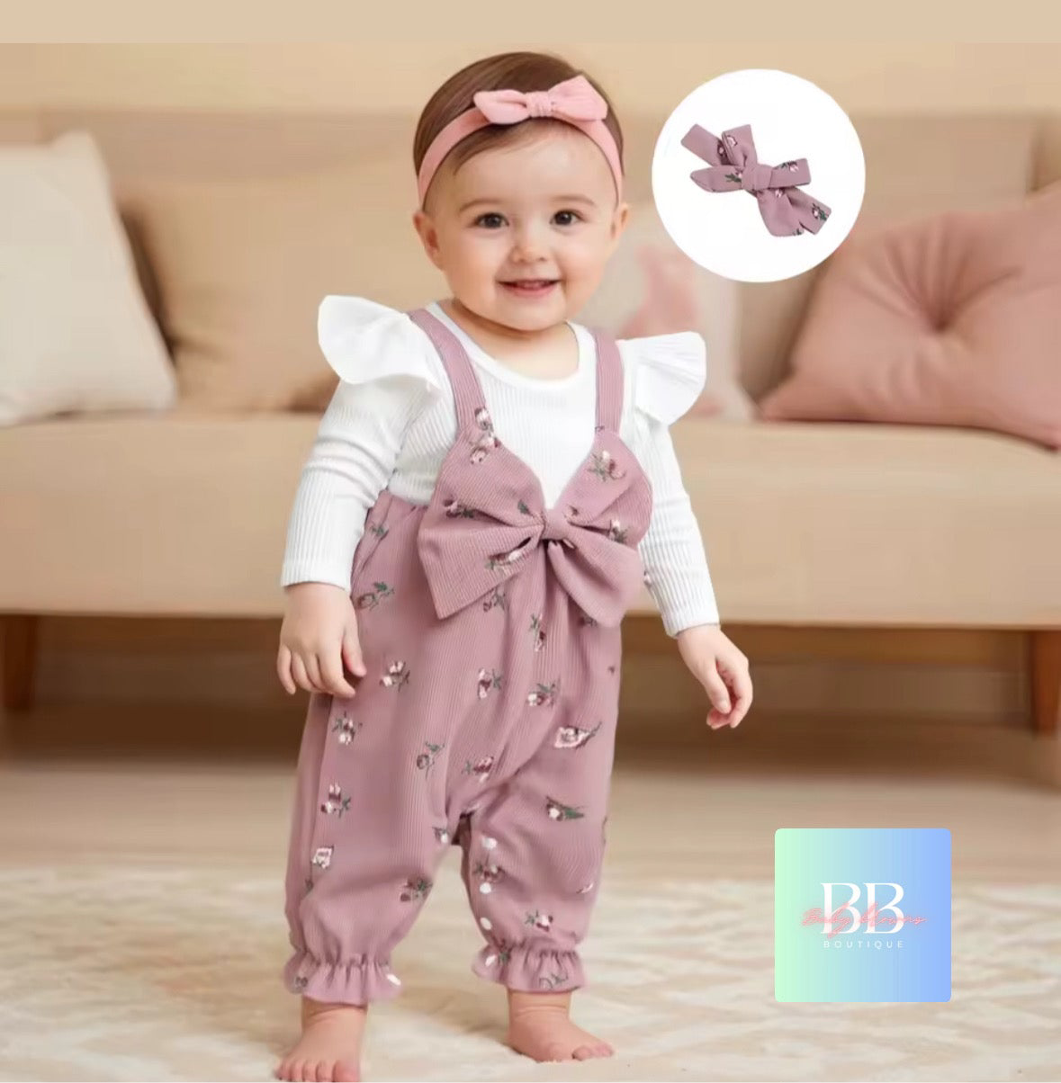 Baby Girl Long Sleeve Floral Romper with Patchwork Bow & Headband. 2 Colours, 3-18M