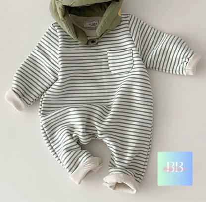 Baby/Toddler Long sleeved Fleece Lined Striped Romper. 4 colours, 6-24M.