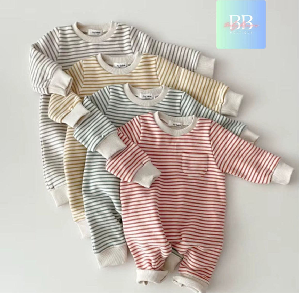 Baby/Toddler Long sleeved Fleece Lined Striped Romper. 4 colours, 6-24M.