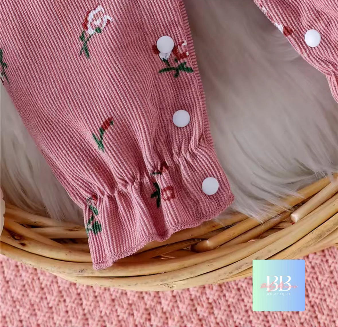 Baby Girl Long Sleeve Floral Romper with Patchwork Bow & Headband. 2 Colours, 3-18M