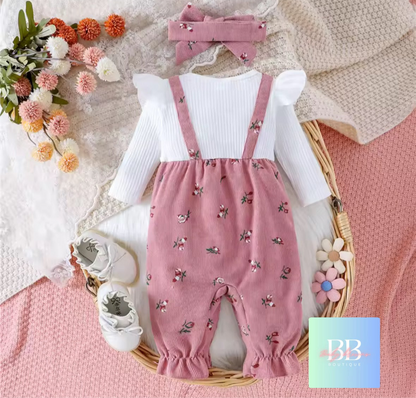 Baby Girl Long Sleeve Floral Romper with Patchwork Bow & Headband. 2 Colours, 3-18M