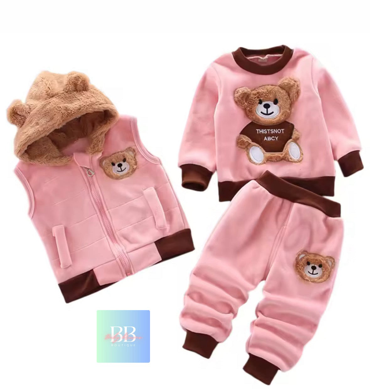 Kids Fleece Sweatshirt, Pants & Vest Set with hood & Cute Bear Logo. 4 Colours, 9M-3Y