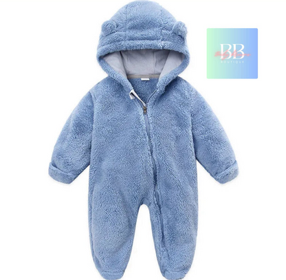 Baby/Toddler Long Sleeved Hooded Outdoor Romper with front Zip. 7 colours, 0-12 months