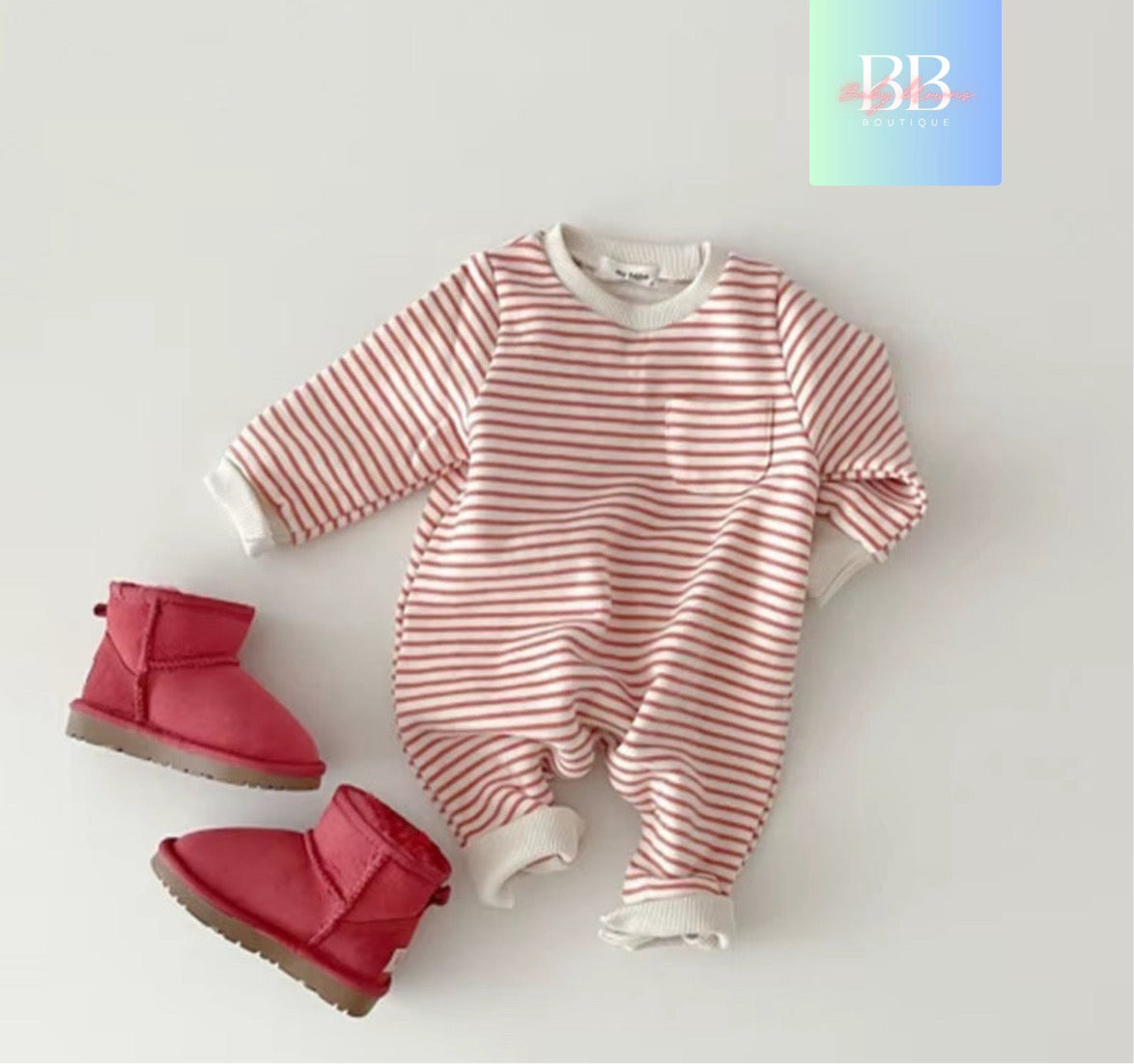 Baby/Toddler Long sleeved Fleece Lined Striped Romper. 4 colours, 6-24M.