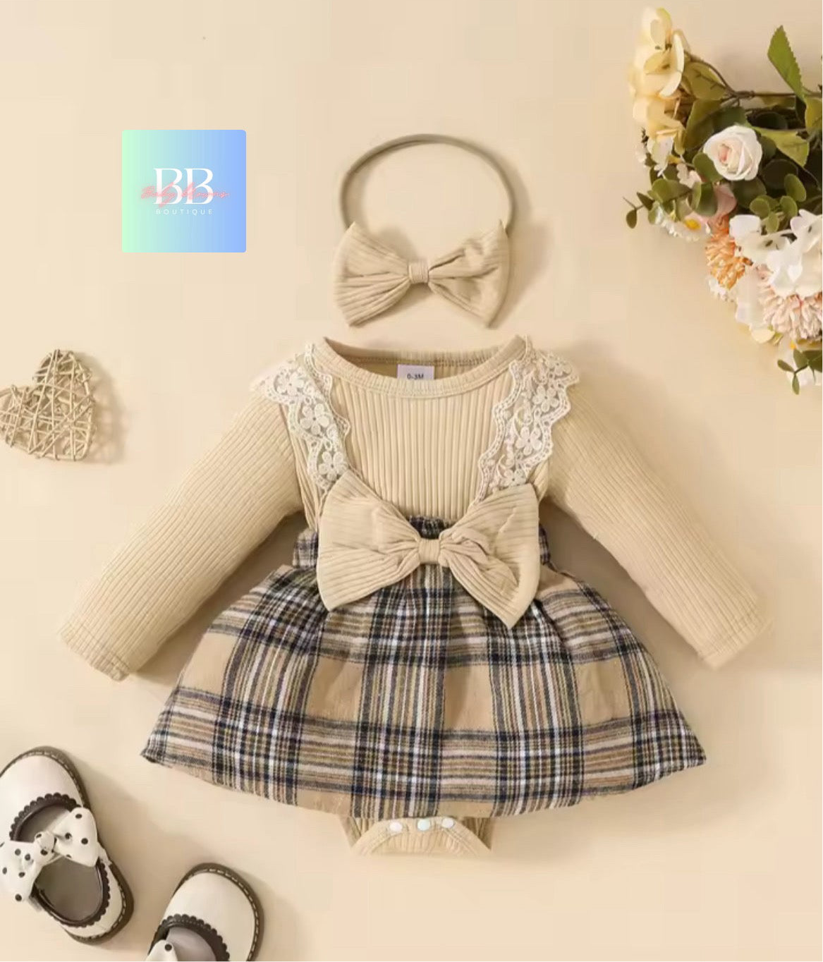 Baby/Toddler Long Sleeve Romper with Check Skirt, Cute Bow & Matching Headband. 2 Colours, 0-18M
