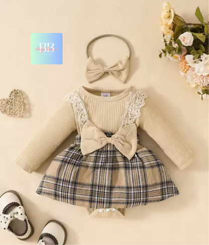 Baby/Toddler Long Sleeve Romper with Check Skirt, Cute Bow & Matching Headband. 2 Colours, 0-18M