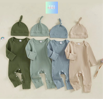 Baby/Toddler Ribbed Long Sleeve Romper with Hat. 0-12M, 4 colours available.