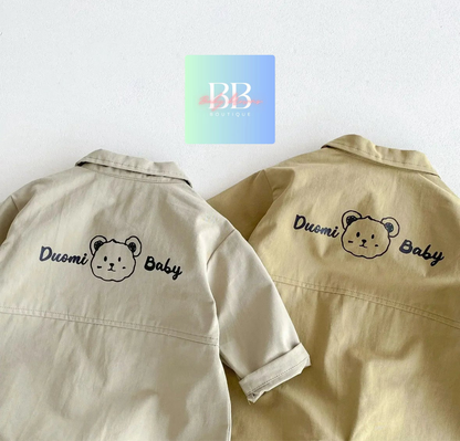 Baby/Toddler Romper with Bear Logo & Front Buttons. 2 colours, 0M-2Y.