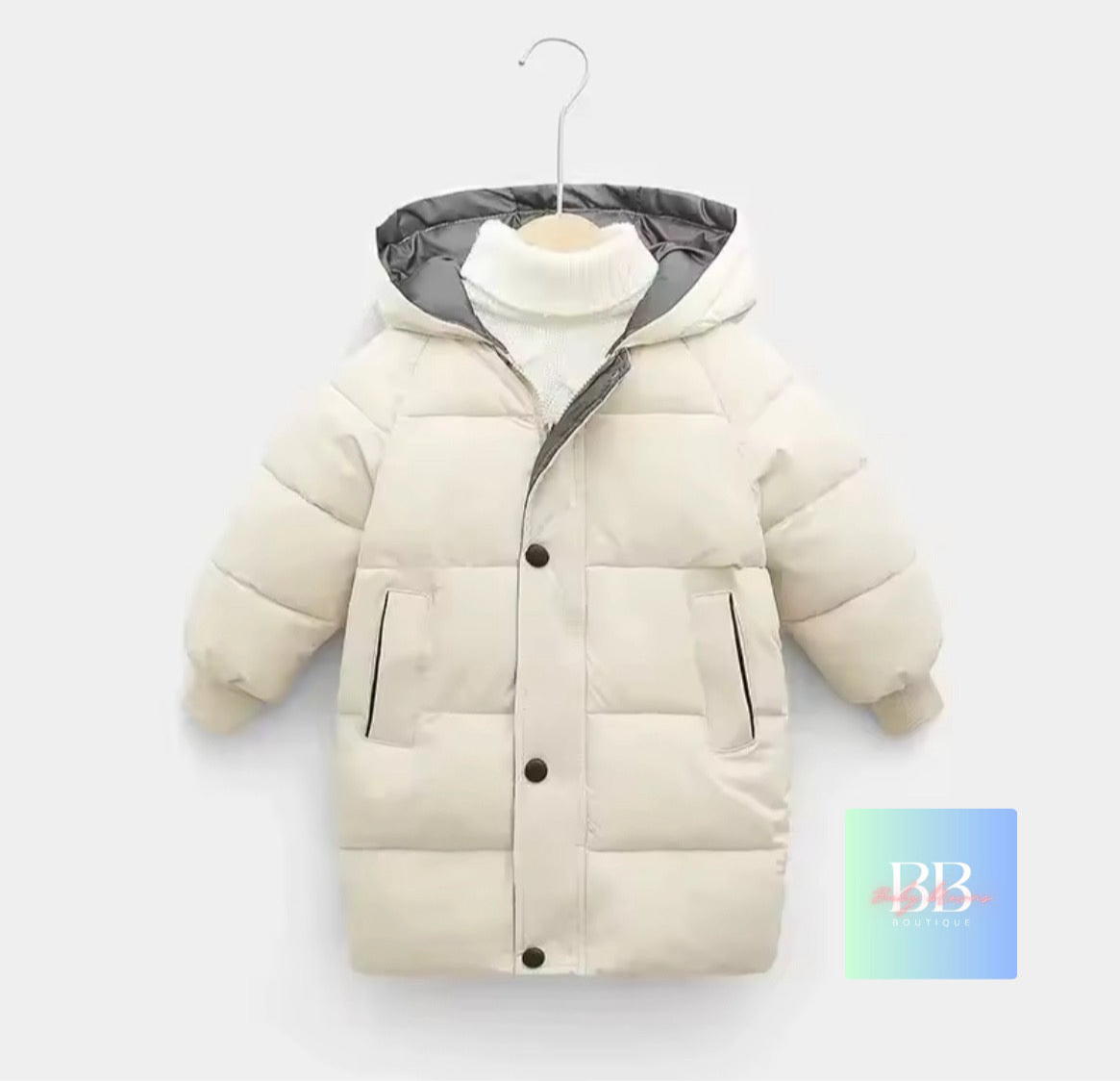 Beige puffer jacket with gray hood on a white background
