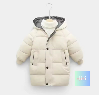 Beige puffer jacket with gray hood on a white background