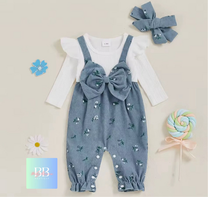 Baby Girl Long Sleeve Floral Romper with Patchwork Bow & Headband. 2 Colours, 3-18M