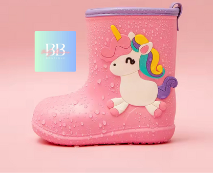 Pink rain boot with unicorn design on a pink background