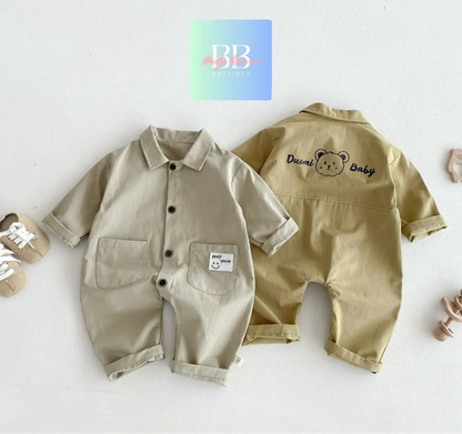 Baby/Toddler Romper with Bear Logo & Front Buttons. 2 colours, 0M-2Y.